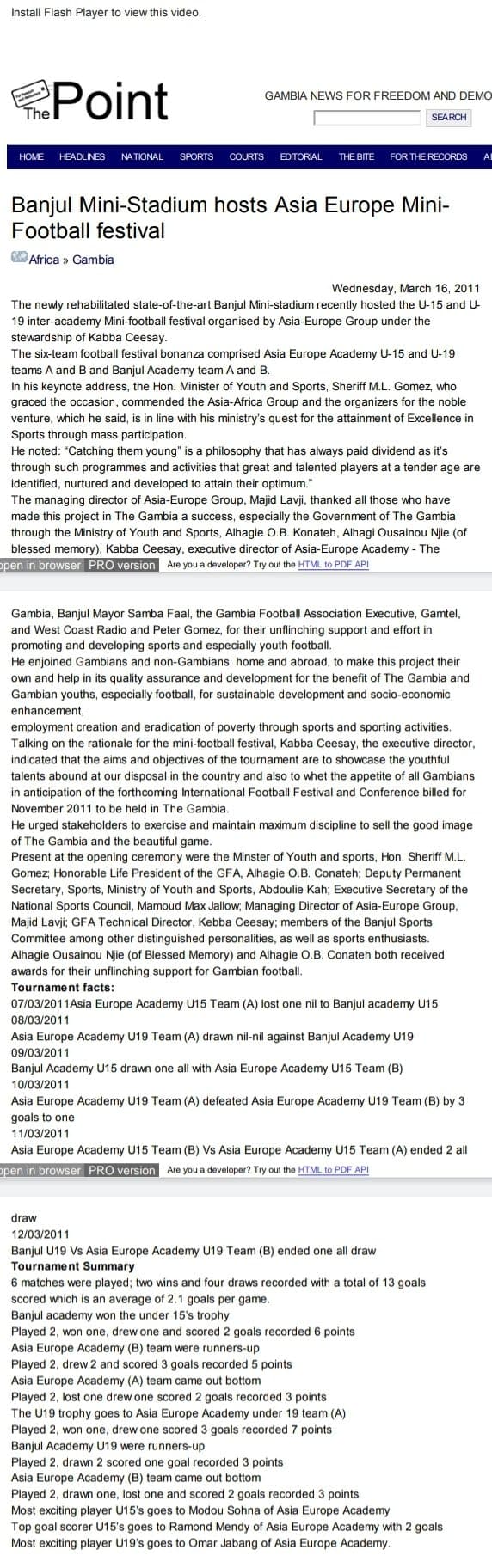 Article in The Point headlined 'Banjul Mini-Stadium hosts Asia Europe Mini-Football festival', reporting the AsiaEurope youth football programme in The Gambia