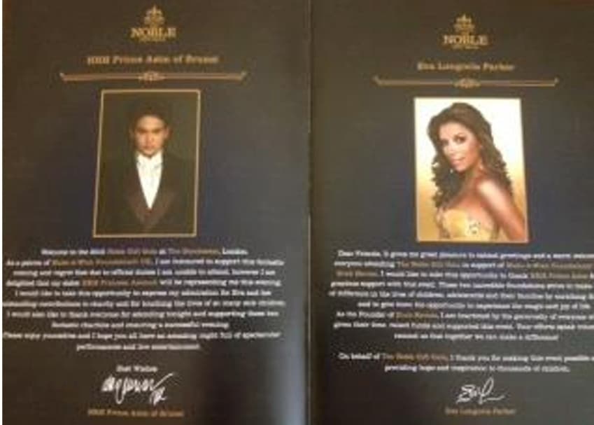 The Noble Gift Gala programme, showing welcome letters from hosts HRH Prince Azim of Brunei and Eva Longoria Parker