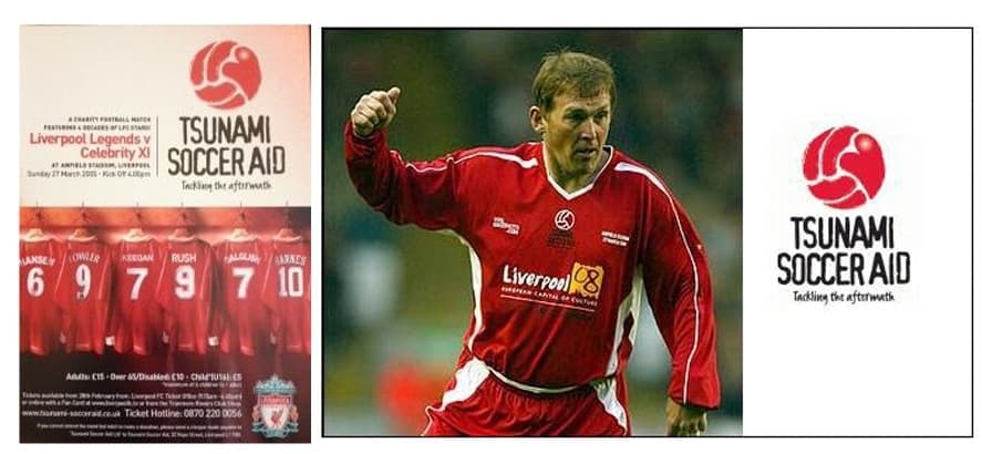 Matchday poster for Liverpool Legends versus a Celebrity XI at Anfield, alongside Kenny Dalglish wearing the Liverpool 08 shirt