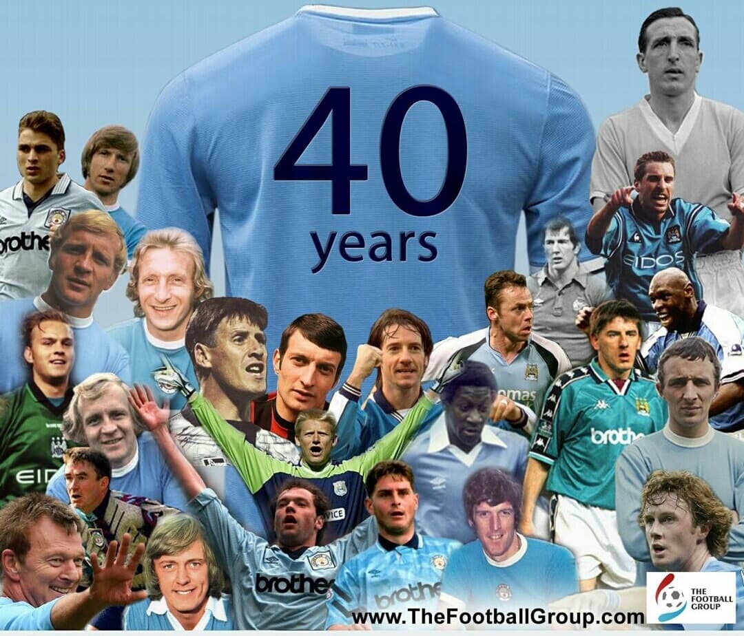 Fortieth anniversary artwork: a Manchester City shirt marked '40 years', surrounded by a collage of former players