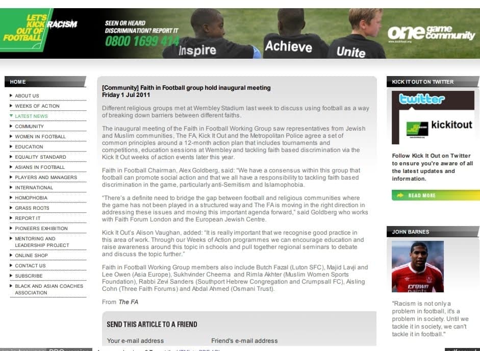 Kick It Out article headlined 'Faith in Football group hold inaugural meeting', listing Majid Lavji among the working group members